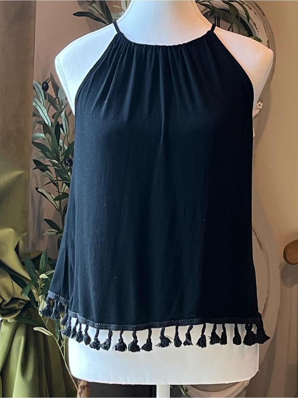 J.W. Style Black Halter Tank Top Tassel Trim Med